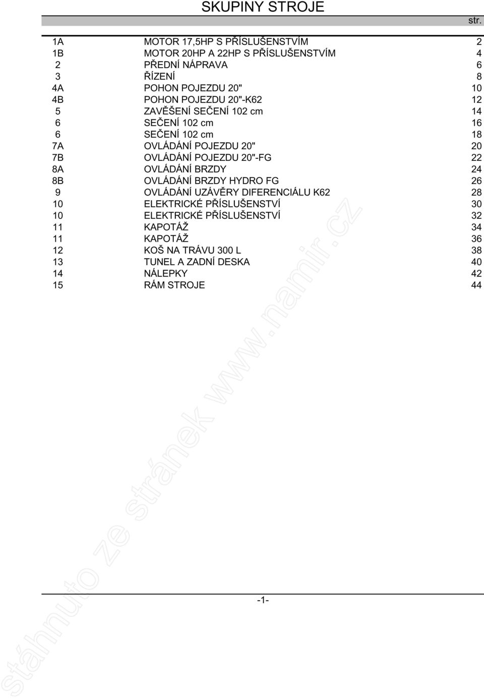 POJEZDU 20"-K62 12 5 ZAVĚŠENÍ SEČENÍ 102 cm 14 6 SEČENÍ 102 cm 16 6 SEČENÍ 102 cm 18 7A OVLÁDÁNÍ POJEZDU 20" 20 7B OVLÁDÁNÍ POJEZDU 20"-FG