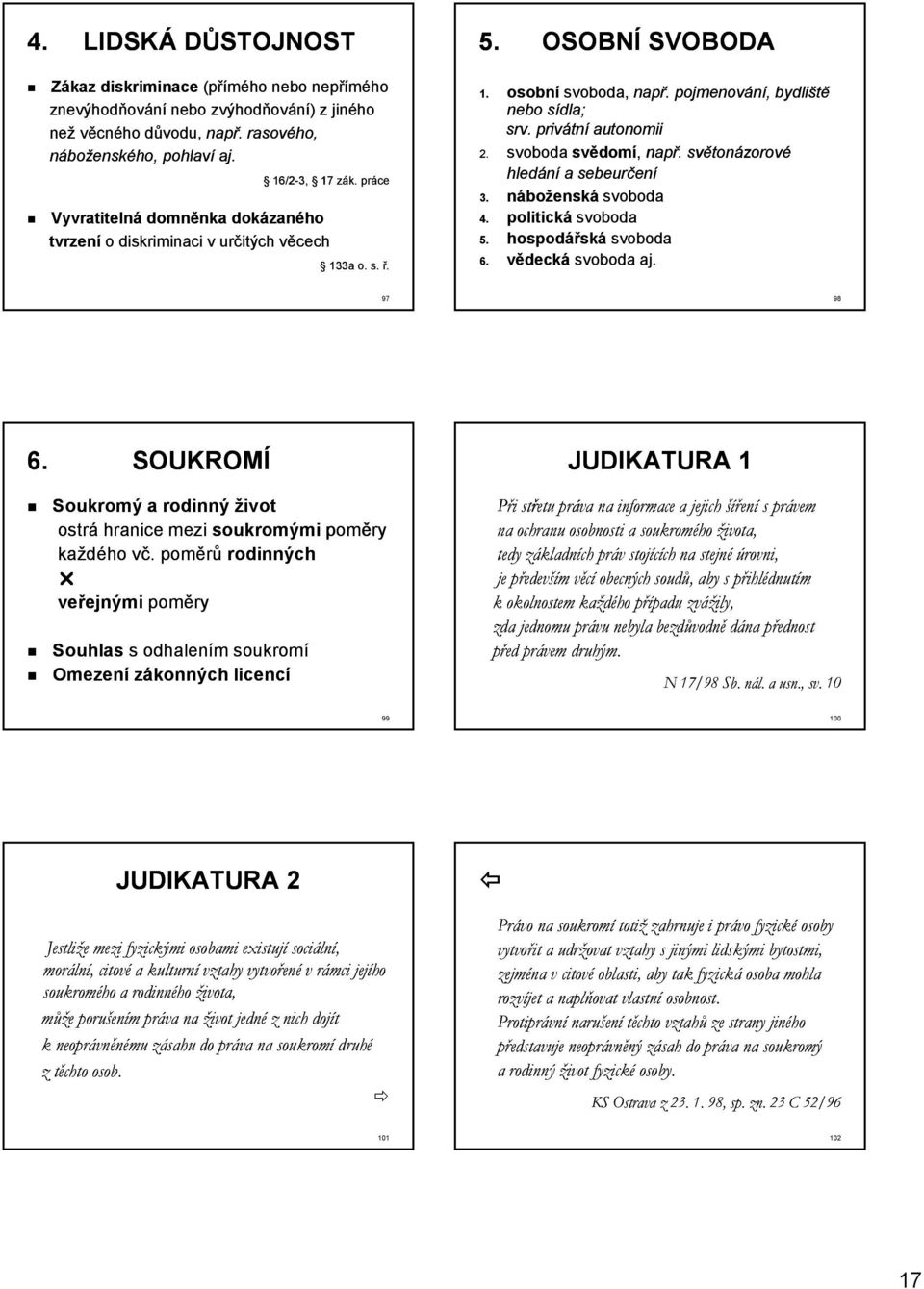 svoboda svědomí, např. světonázorové hledání a sebeurčení 3. náboženská svoboda 4. politická svoboda 5. hospodářská svoboda 6. vědecká svoboda aj. 97 98 6.