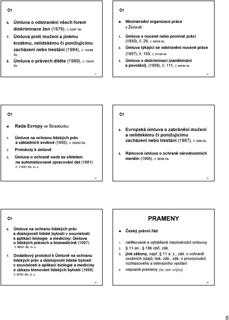 105, č. 231/98 Sb. 3. Úmluva o diskriminaci (zaměstnání a povolání),, (1958), č. 111, č. 465/90 Sb. 31 32 Rada Evropy ve Štrasburku: 1. Úmluva na ochranu lidských práv a základních svobod (1950), 2.