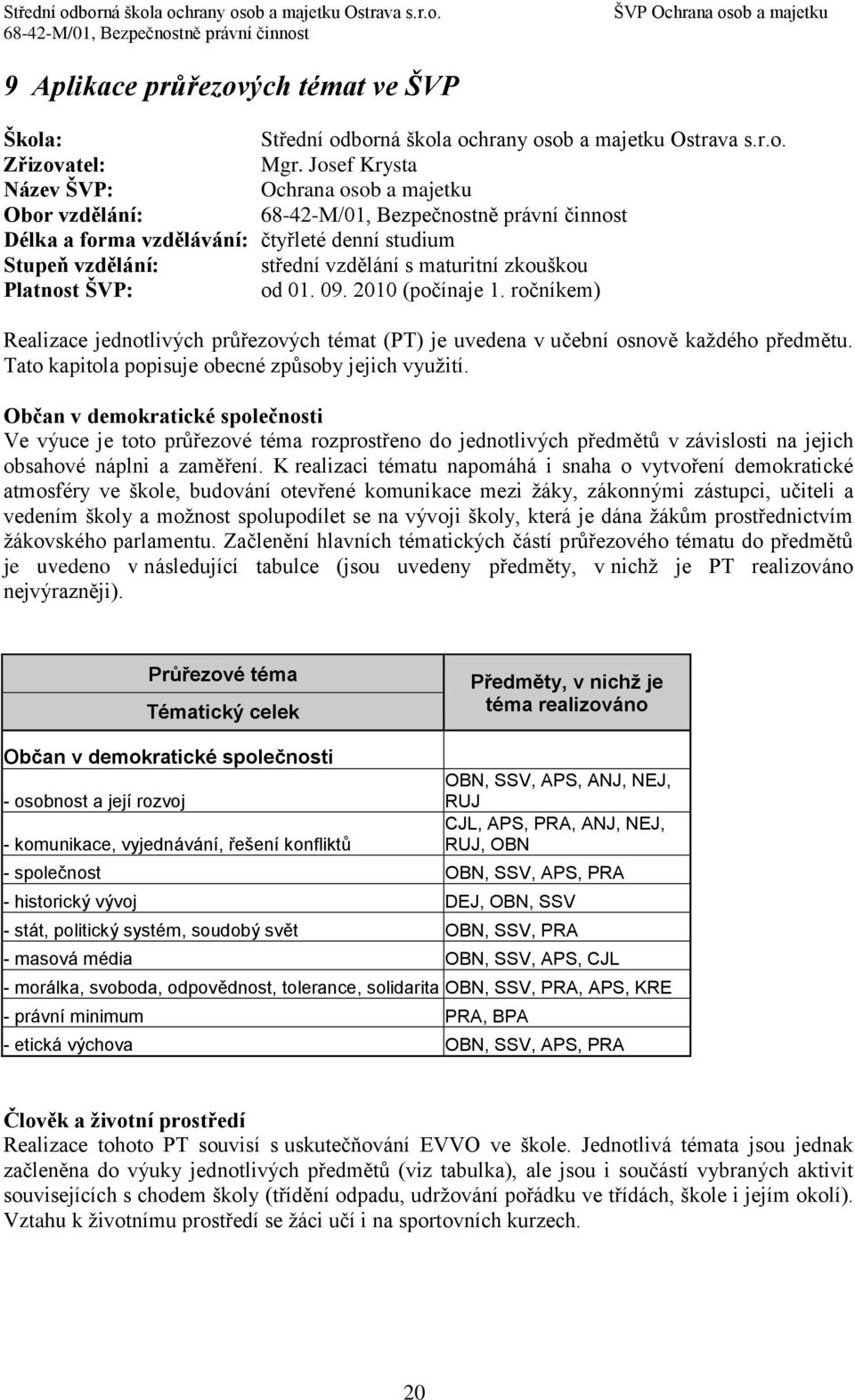 zkouškou Platnost ŠVP: od 01. 09. 2010 (počínaje 1. ročníkem) Realizace jednotlivých průřezových témat (PT) je uvedena v učební osnově kaţdého předmětu.