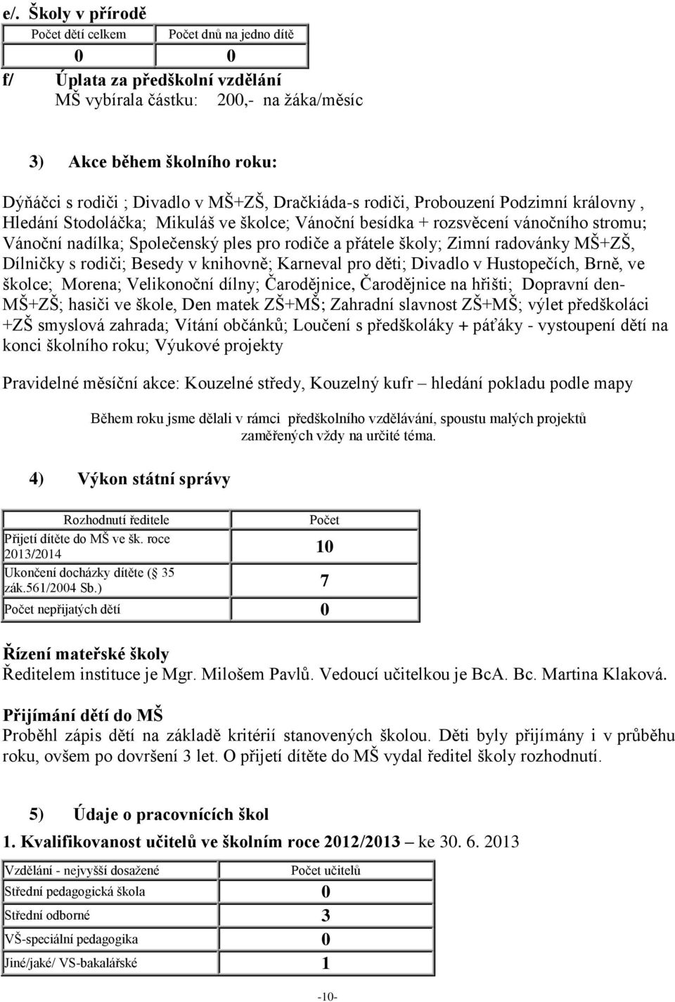 Zimní radovánky MŠ+ZŠ, Dílničky s rodiči; Besedy v knihovně; Karneval pro děti; Divadlo v Hustopečích, Brně, ve školce; Morena; Velikonoční dílny; Čarodějnice, Čarodějnice na hřišti; Dopravní den-