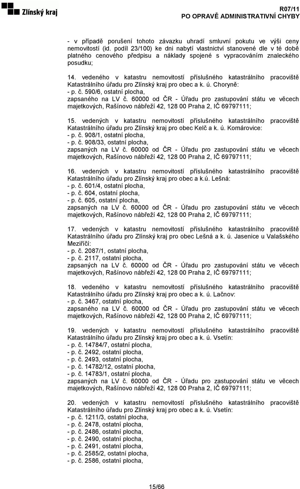 vedeného v katastru nemovitostí příslušného katastrálního pracoviště Katastrálního úřadu pro Zlínský kraj pro obec a k. ú. Choryně: - p. č. 590/6, ostatní plocha, zapsaného na LV č.