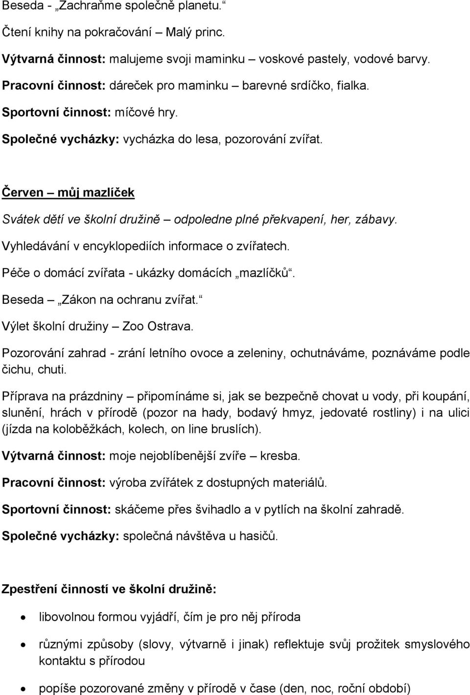 Vyhledávání v encyklopediích informace o zvířatech. Péče o domácí zvířata - ukázky domácích mazlíčků. Beseda Zákon na ochranu zvířat. Výlet školní družiny Zoo Ostrava.