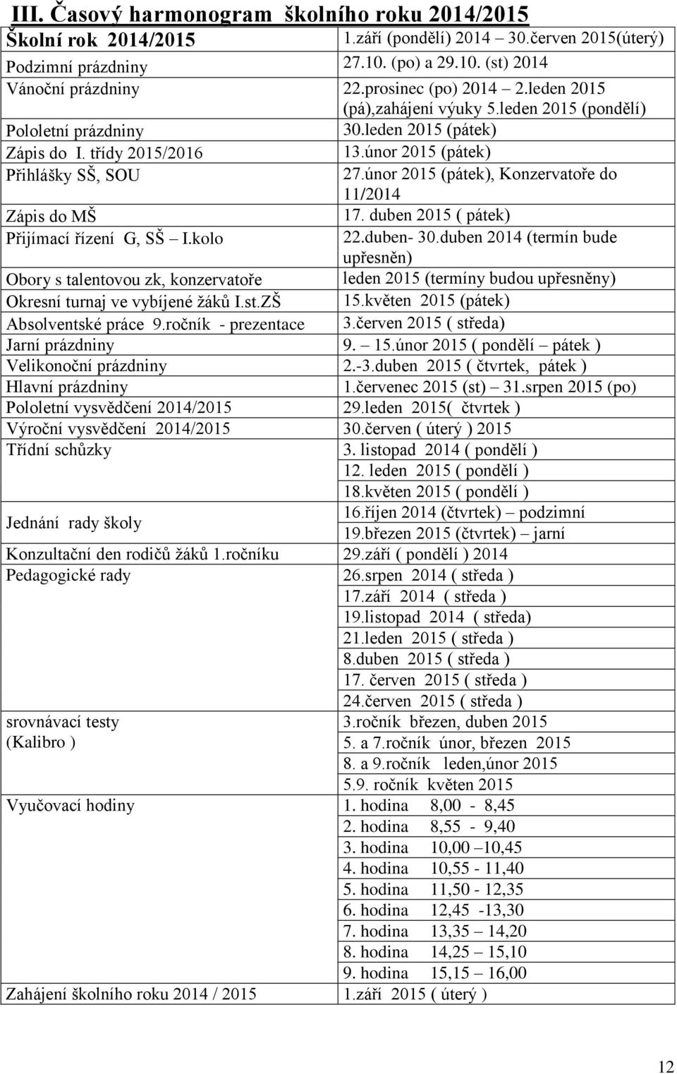 únor 2015 (pátek), Konzervatoře do 11/2014 Zápis do MŠ 17. duben 2015 ( pátek) Přijímací řízení G, SŠ I.kolo 22.duben- 30.