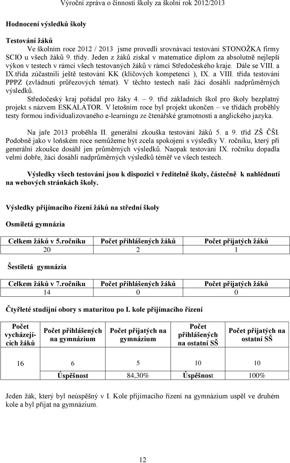 třída zúčastnili ještě testování KK (klíčových kompetencí ), IX. a VIII. třída testování PPPZ (zvládnutí průřezových témat). V těchto testech naši žáci dosáhli nadprůměrných výsledků.