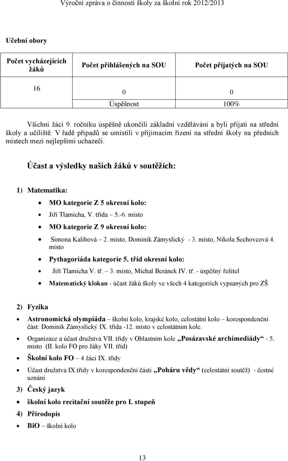 Účast a výsledky našich žáků v soutěžích: 1) Matematika: MO kategorie Z 5 okresní kolo: Jiří Tlamicha, V. třída 5.-6. místo MO kategorie Z 9 okresní kolo: Simona Kalibová 2.