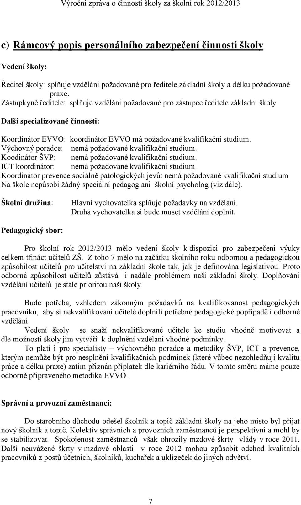 Výchovný poradce: nemá požadované kvalifikační studium. Koodinátor ŠVP: nemá požadované kvalifikační studium. ICT koordinátor: nemá požadované kvalifikační studium.