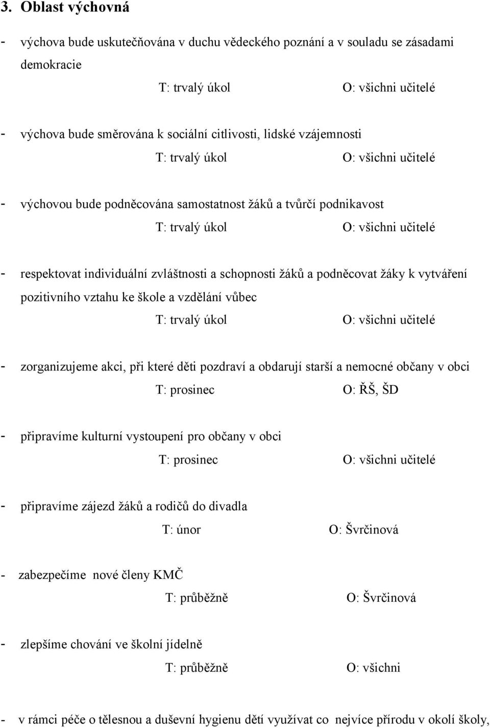 žáků a podněcovat žáky k vytváření pozitivního vztahu ke škole a vzdělání vůbec T: trvalý úkol O: všichni učitelé - zorganizujeme akci, při které děti pozdraví a obdarují starší a nemocné občany v