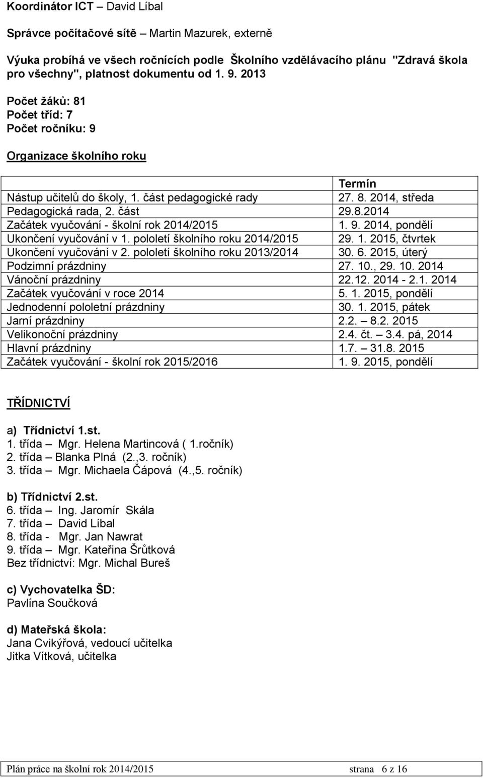 9. 2014, pondělí Ukončení vyučování v 1. pololetí školního roku 2014/2015 29. 1. 2015, čtvrtek Ukončení vyučování v 2. pololetí školního roku 2013/2014 30. 6. 2015, úterý Podzimní prázdniny 27. 10.