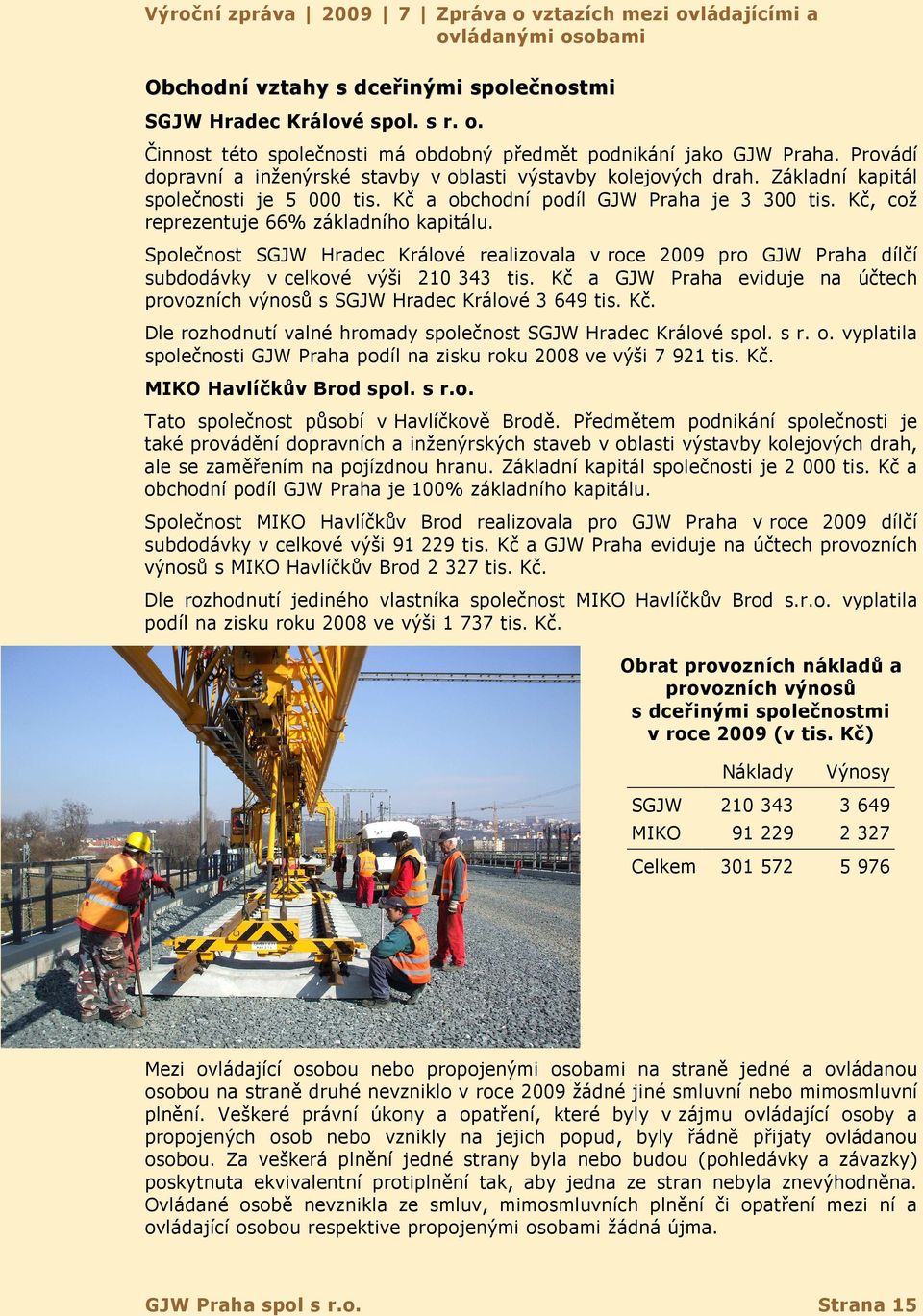 Kč, což reprezentuje 66% základního kapitálu. Společnost SGJW Hradec Králové realizovala v roce 2009 pro GJW Praha dílčí subdodávky v celkové výši 210 343 tis.