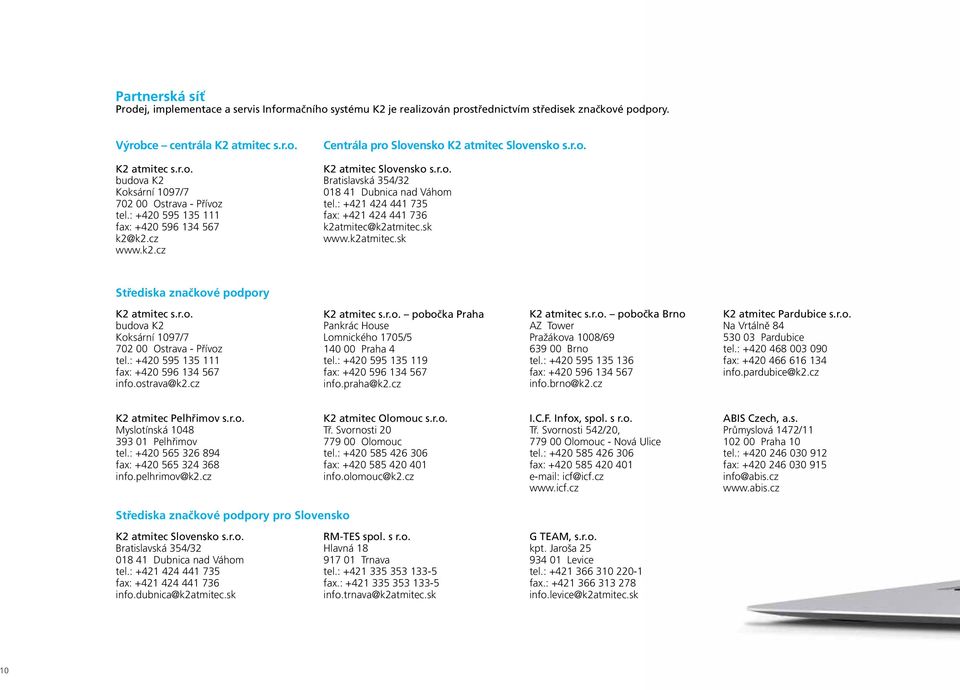 : +421 424 441 735 fax: +421 424 441 736 k2atmitec@k2atmitec.sk www.k2atmitec.sk Střediska značkové podpory K2 atmitec s.r.o. budova K2 Koksární 1097/7 702 00 Ostrava - Přívoz tel.