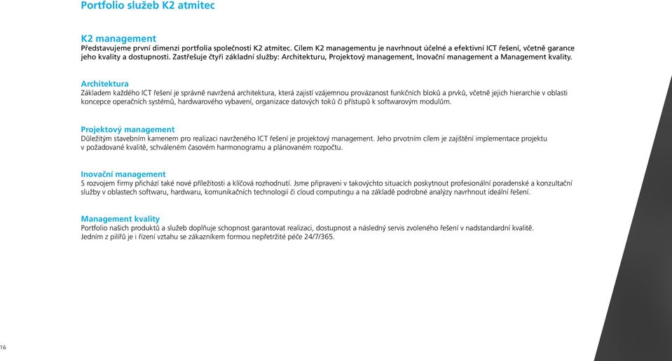 Zastřešuje čtyři základní služby: Architekturu, Projektový management, Inovační management a Management kvality.