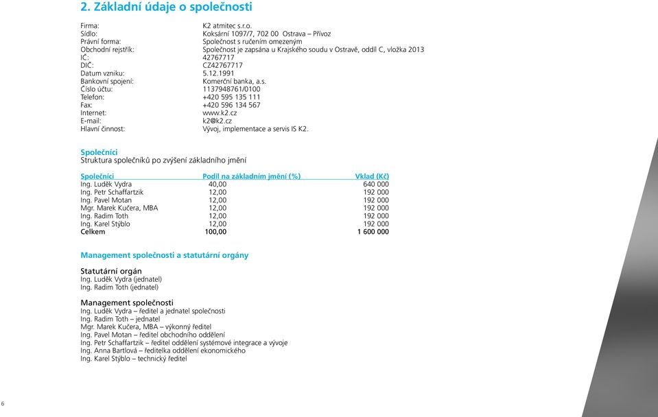 oddíl C, vložka 2013 IČ: 42767717 DIČ: CZ42767717 Datum vzniku: 5.12.1991 Bankovní spojení: Komerční banka, a.s. Číslo účtu: 1137948761/0100 Telefon: +420 595 135 111 Fax: +420 596 134 567 Internet: www.