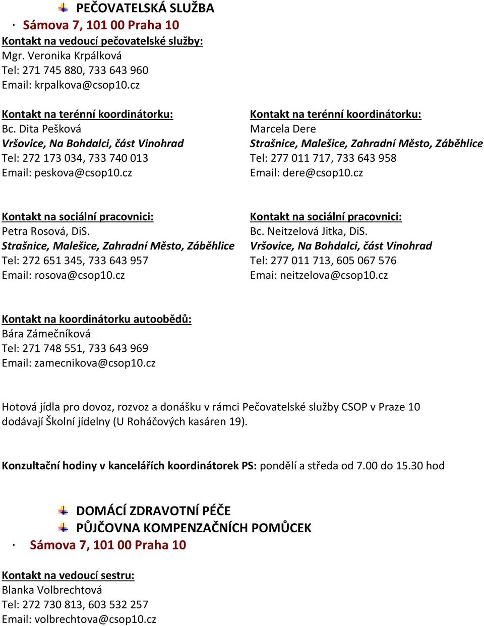 Dita Pešková Marcela Dere Vršovice, Na Bohdalci, část Vinohrad Strašnice, Malešice, Zahradní Město, Záběhlice Tel: 272 173 034, 733 740 013 Tel: 277 011 717, 733 643 958 Email: peskova@csop10.