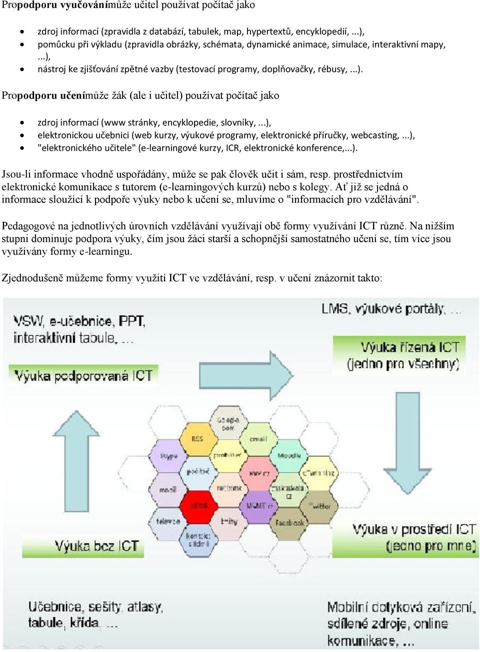 ..), elektronickou učebnici (web kurzy, výukové programy, elektronické příručky, webcasting,...), "elektronického učitele" (e-learningové kurzy, ICR, elektronické konference,...). Jsou-li informace vhodně uspořádány, může se pak člověk učit i sám, resp.