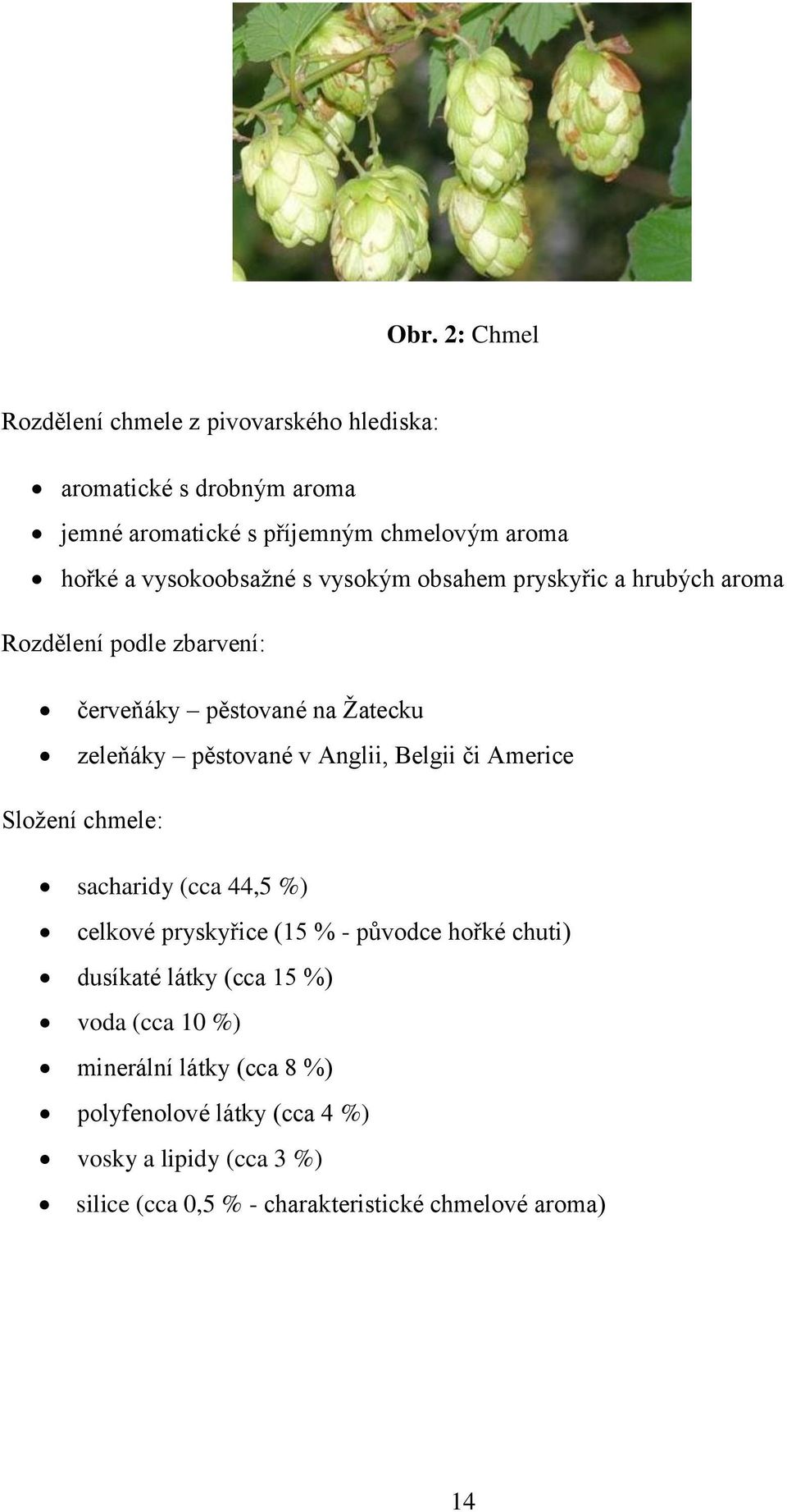 Anglii, Belgii či Americe Složení chmele: sacharidy (cca 44,5 %) celkové pryskyřice (15 % - původce hořké chuti) dusíkaté látky (cca 15 %)