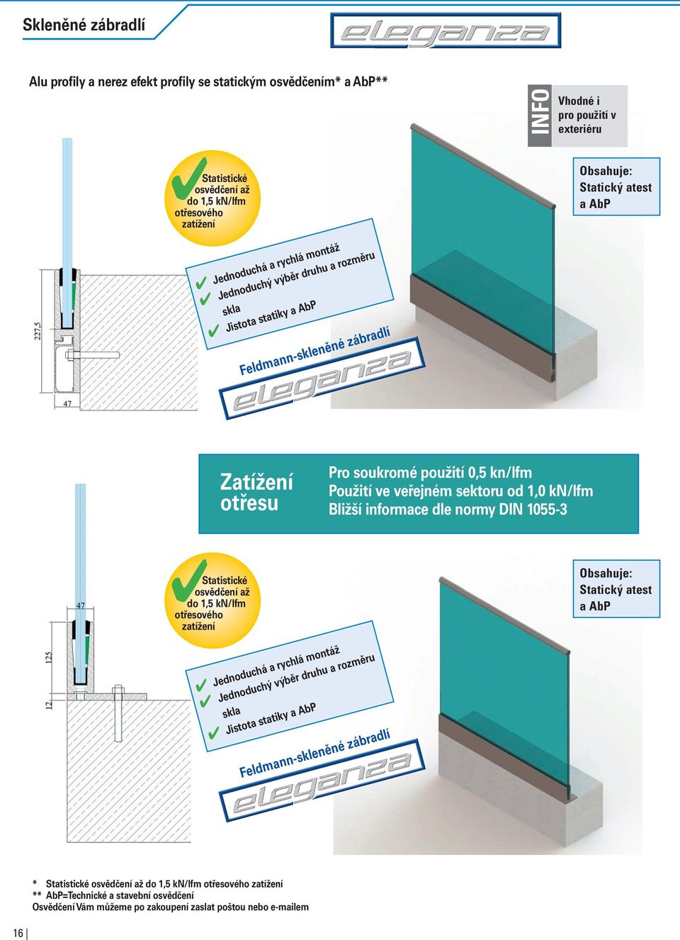 sektoru od 1,0 kn/lfm Bližší informace dle normy DIN 1055-3 Statistické osvědčení až do 1,5 kn/lfm otřesového zatížení Jednoduchá a rychlá montáž Jednoduchý výběr druhu a rozměru skla Jistota statiky