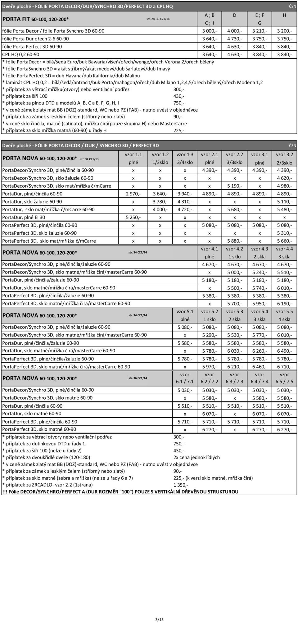 Euro/buk Bawaria/višeň/ořech/wenge/ořech Verona 2/ořech bělený * laminát CPL HQ 0,2 = bílá/šedá/antracit/buk Porta/mahagon/ořech/dub Milano 1,2,4,5/ořech bělený/ořech Modena 1,2 * příplatek za plnou