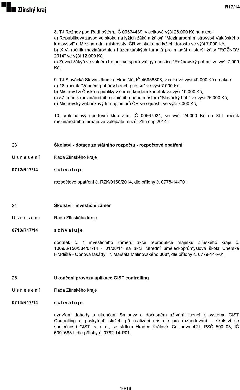 ročník mezinárodních házenkářských turnajů pro mladší a starší žáky "ROŽNOV 2014" ve výši 12.000 Kč, c) Závod žákyň ve volném trojboji ve sportovní gymnastice "Rožnovský pohár" ve výši 7.000 Kč; 9.