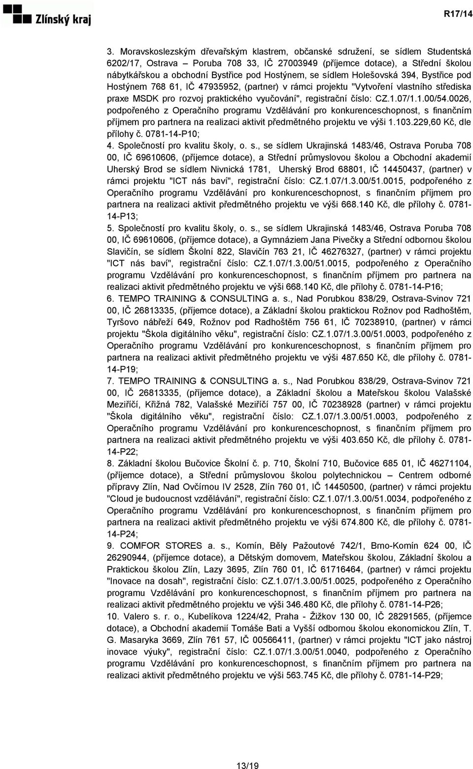 číslo: CZ.1.07/1.1.00/54.0026, podpořeného z Operačního programu Vzdělávání pro konkurenceschopnost, s finančním příjmem pro partnera na realizaci aktivit předmětného projektu ve výši 1.103.