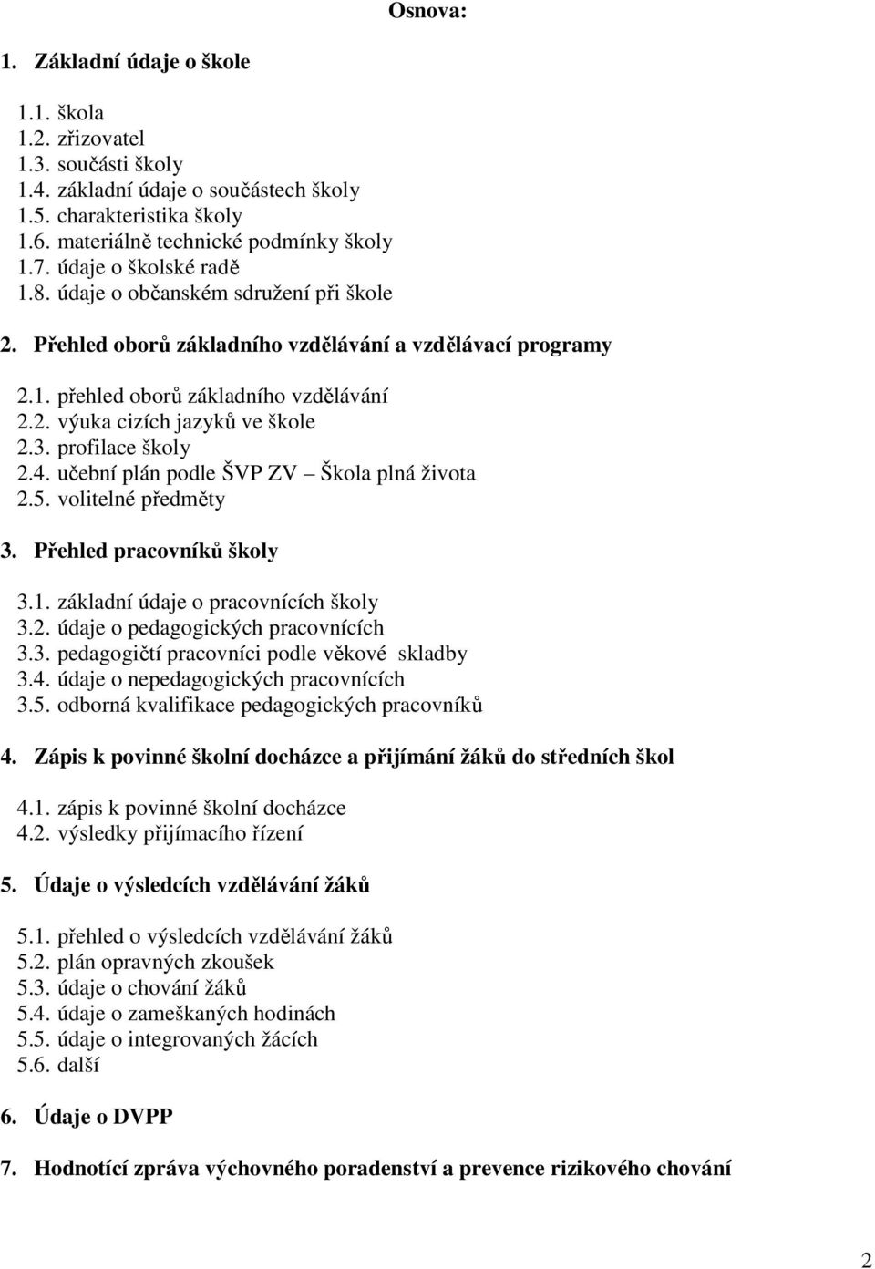 3. profilace školy 2.4. učební plán podle ŠVP ZV Škola plná života 2.5. volitelné předměty 3. Přehled pracovníků školy 3.1. základní údaje o pracovnících školy 3.2. údaje o pedagogických pracovnících 3.