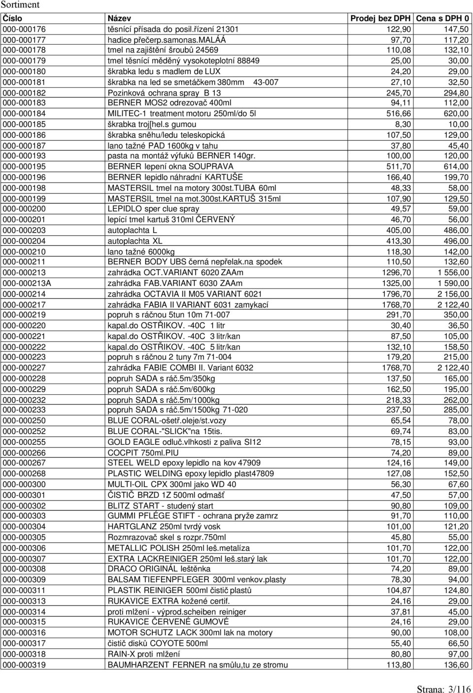 000-000181 škrabka na led se smetáčkem 380mm 43-007 27,10 32,50 000-000182 Pozinková ochrana spray B 13 245,70 294,80 000-000183 BERNER MOS2 odrezovač 400ml 94,11 112,00 000-000184 MILITEC-1