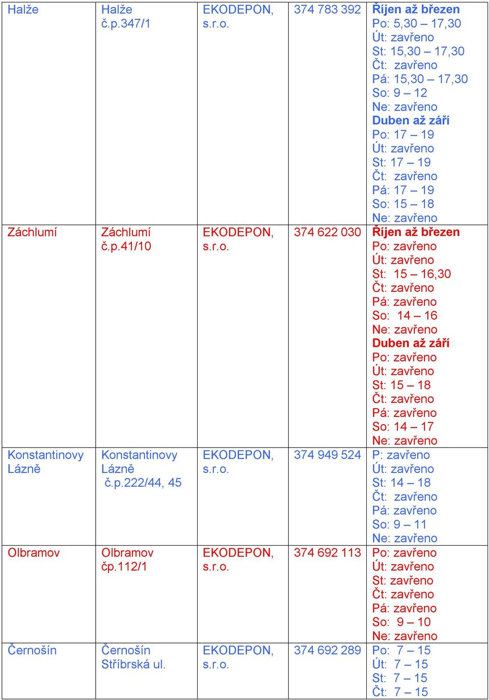 374 783 392 Říjen až březen Po: 5,30 17,30 St: 15,30 17,30 Pá: 15,30 17,30 Duben až září Po: 17 19 St: 17 19 Pá: 17 19