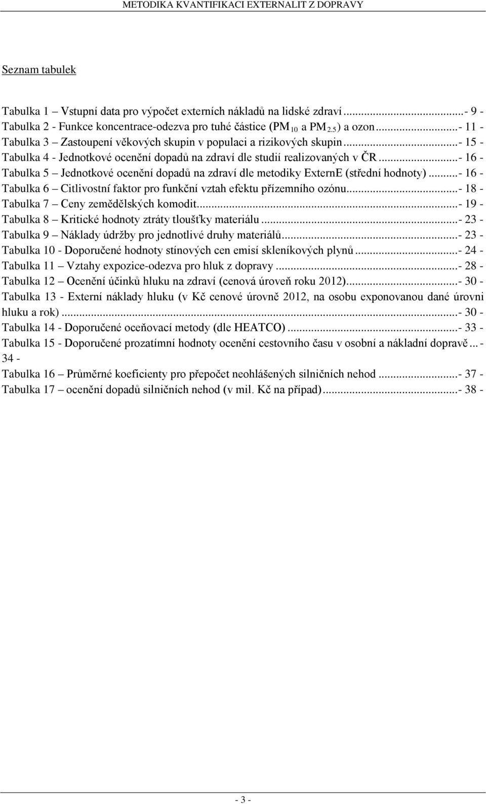 .. - 16 - Tabulka 5 Jednotkové ocenění dopadů na zdraví dle metodiky ExternE (střední hodnoty)... - 16 - Tabulka 6 Citlivostní faktor pro funkční vztah efektu přízemního ozónu.