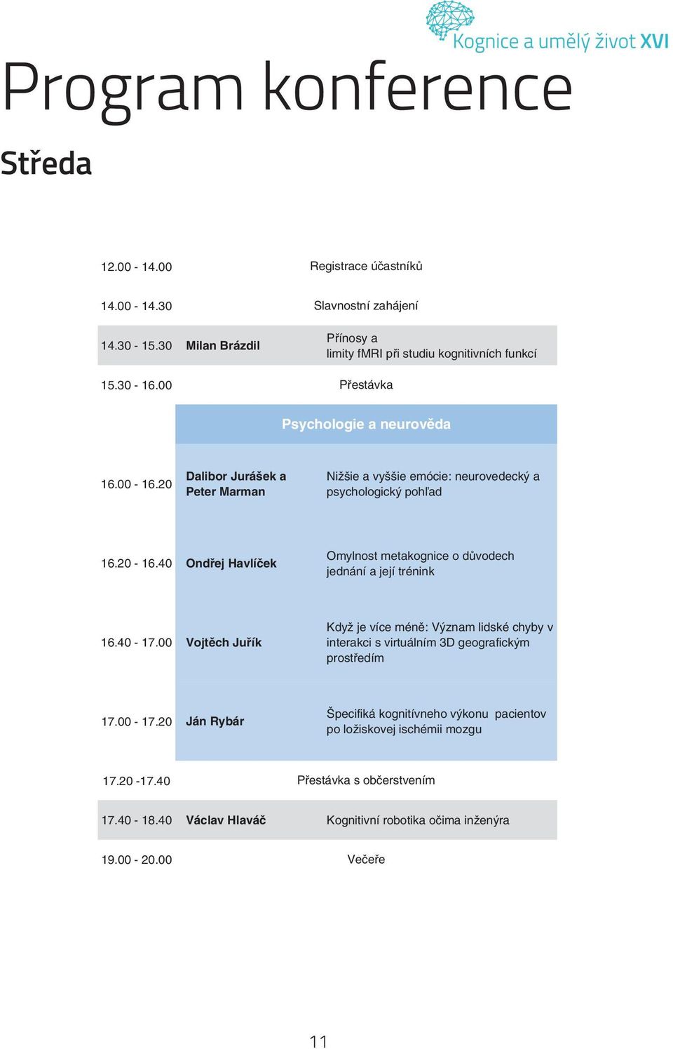 20 Dalibor Jurášek a Peter Marman Nižšie a vyššie emócie: neurovedecký a psychologický pohľad 16.20-16.40 Ondřej Havlíček Omylnost metakognice o důvodech jednání a její trénink 16.