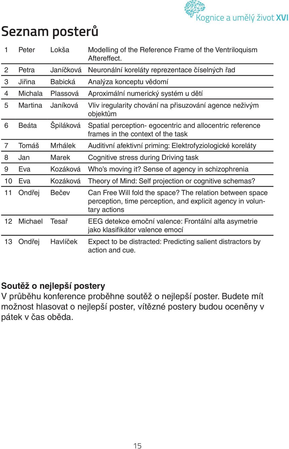 chování na přisuzování agence neživým objektům 6 Beáta Špiláková Spatial perception- egocentric and allocentric reference frames in the context of the task 7 Tomáš Mrhálek Auditivní afektivní