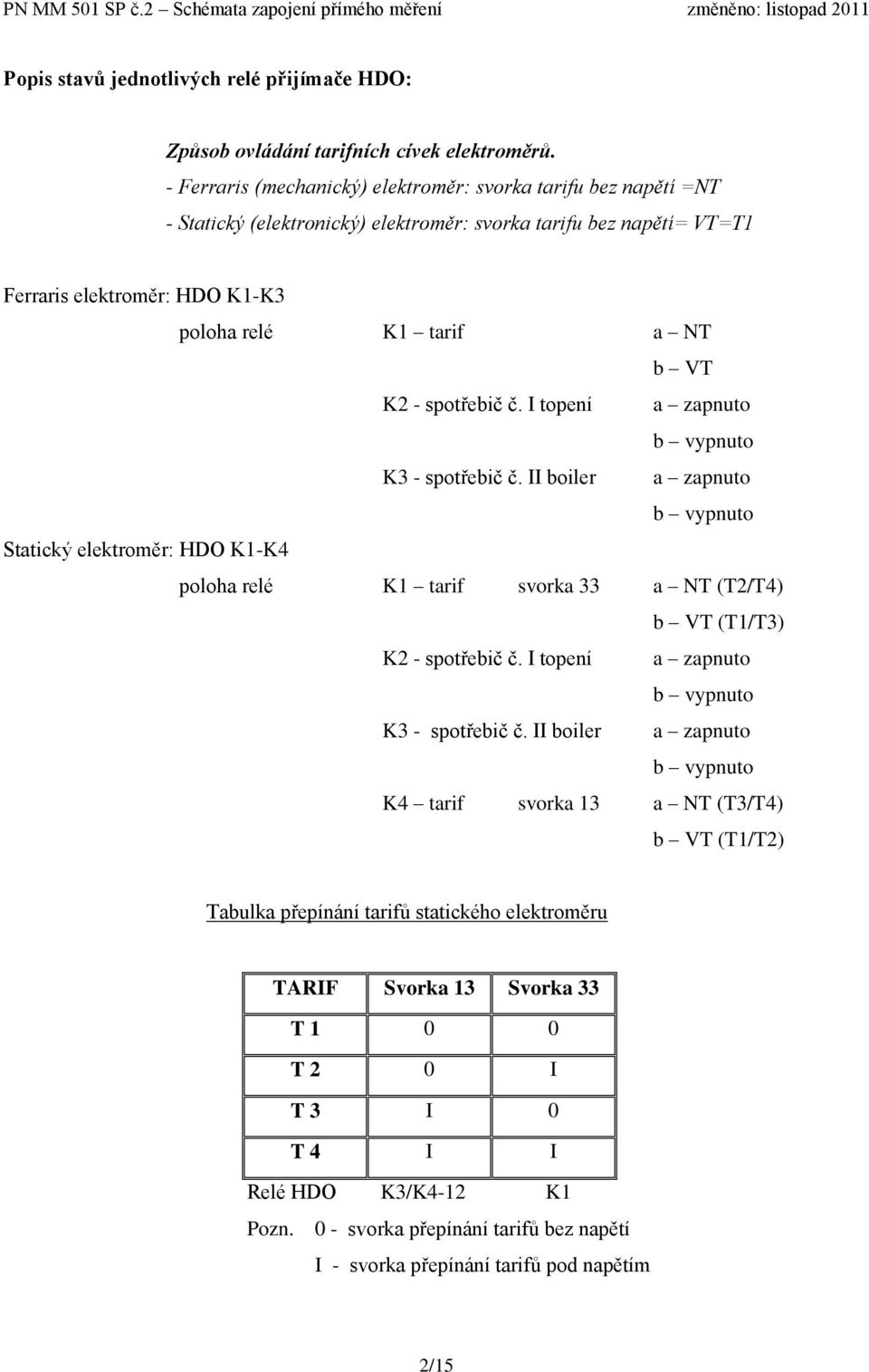 - spotřebič č. I topení a zapnuto b vypnuto K3 - spotřebič č. II boiler a zapnuto b vypnuto Statický elektroměr: HDO K1-K4 poloha relé K1 tarif svorka 33 a NT (T2/T4) b VT (T1/T3) K2 - spotřebič č.