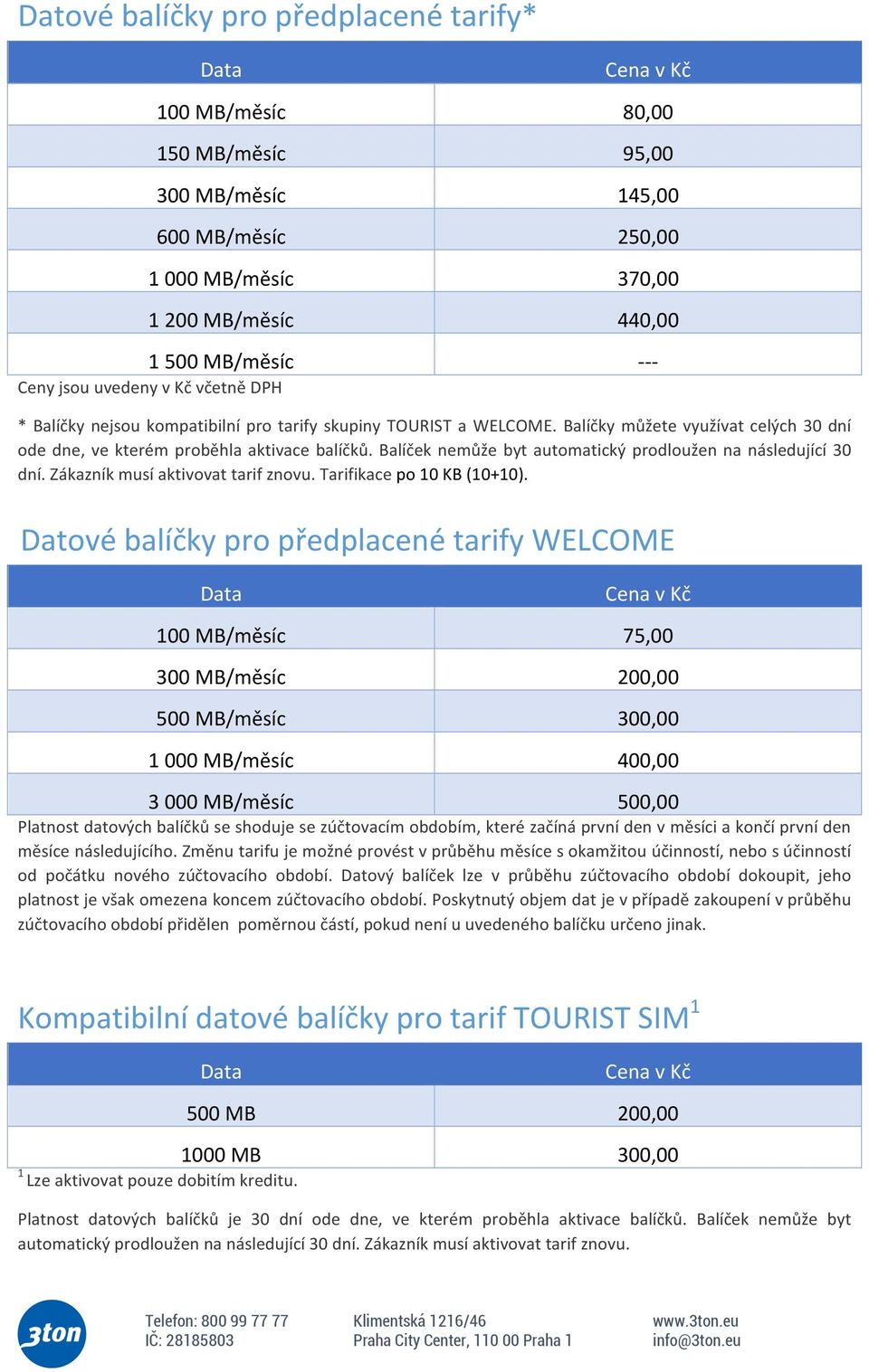 Balíček nemůže byt automatický prodloužen na následující 30 dní. Zákazník musí aktivovat tarif znovu. Tarifikace po 10 KB (10+10).