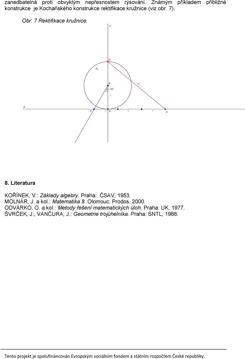 7 Rektifikace kružnice. 8. Literatura KOŘÍNEK, V.: Základy algebry. Praha: ČSAV, 1953. MOLNÁR, J. a kol.