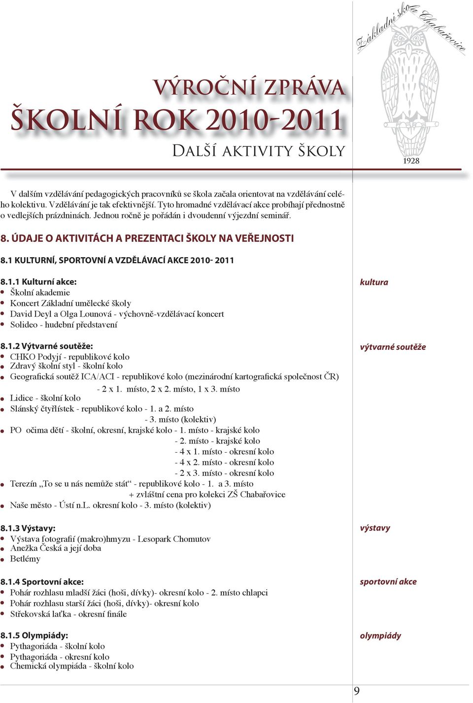 1 KULTURNÍ, SPORTOVNÍ A VZDĚLÁVACÍ AKCE 2010-2011 8.1.1 Kulturní akce: Školní akademie Koncert Základní umělecké školy David Deyl a Olga Lounová - výchovně-vzdělávací koncert Solideo - hudební představení 8.