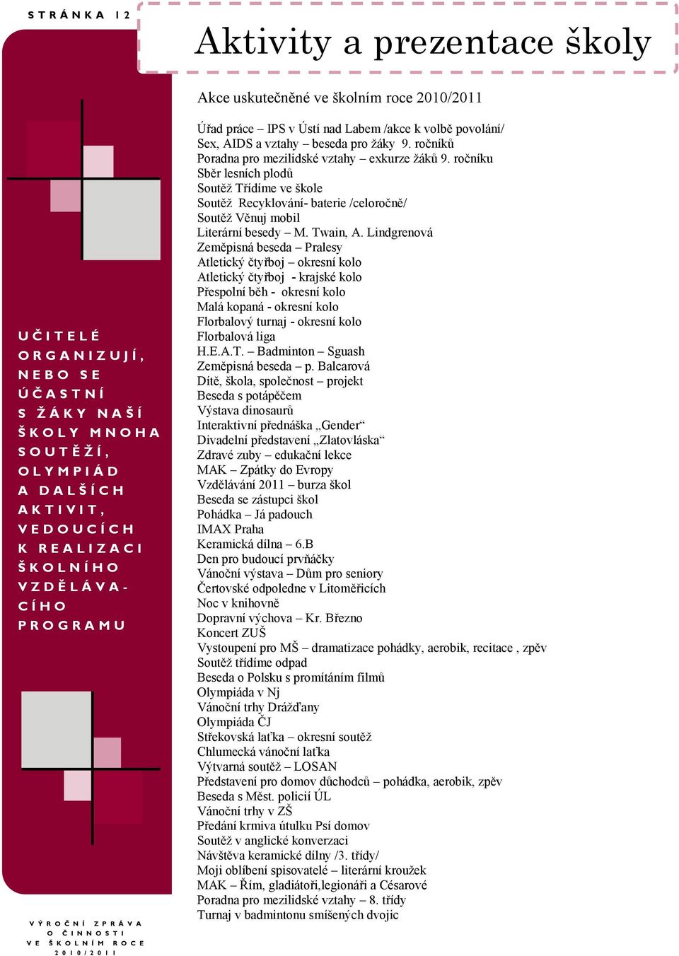 povolání/ Sex, AIDS a vztahy beseda pro ţáky 9. ročníků Poradna pro mezilidské vztahy exkurze ţáků 9.