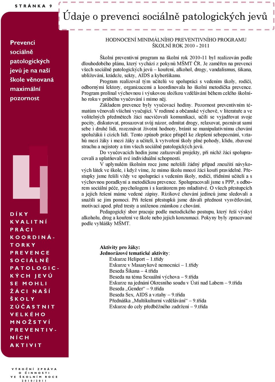 I T HODNOCENÍ MINIMÁLNÍHO PREVENTIVNÍHO PROGRAMU ŠKOLNÍ ROK 2010-2011 Školní preventivní program na školní rok 2010-11 byl realizován podle dlouhodobého plánu, který vychází z pokynů MŠMT ČR.