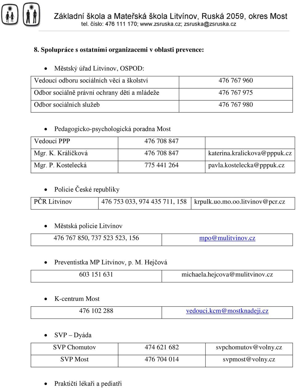 kostelecka@pppuk.cz Policie České republiky PČR Litvínov 476 753 033, 974 435 711, 158 krpulk.uo.mo.oo.litvinov@pcr.cz Městská policie Litvínov 476 767 850, 737 523 523, 156 mpo@mulitvinov.