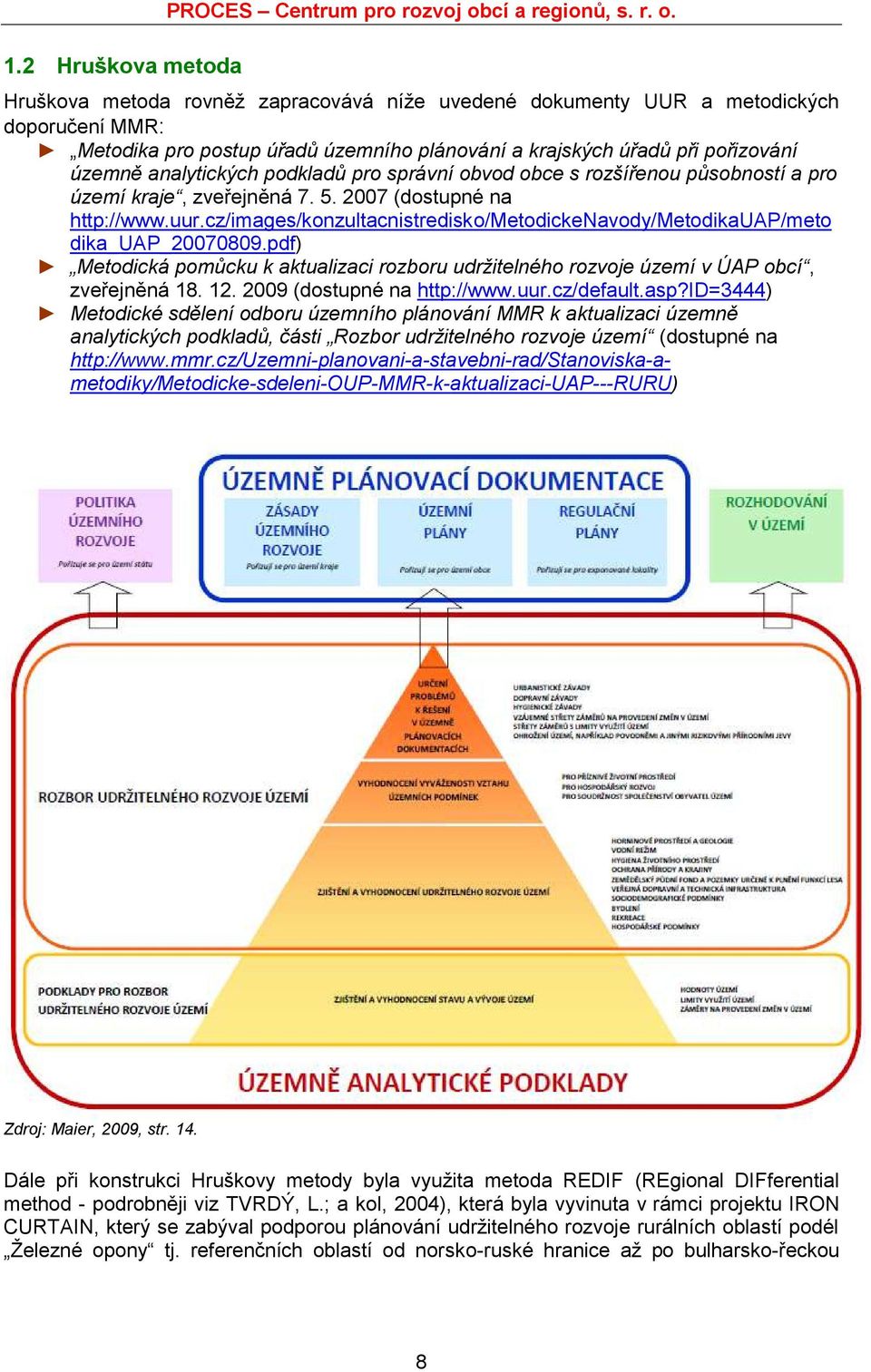 Hruškova metoda rovněţ zapracovává níţe uvedené dokumenty UUR a metodických doporučení MMR: Metodika pro postup úřadů územního plánování a krajských úřadů při pořizování územně analytických podkladů