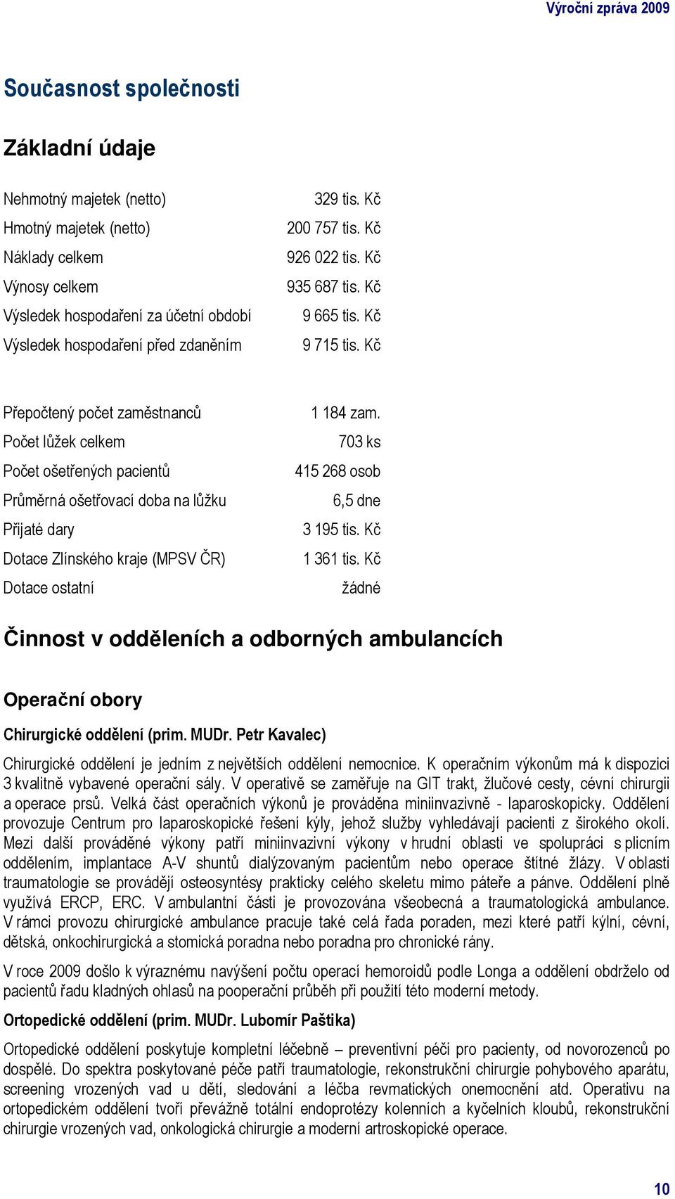 Kč Přepočtený počet zaměstnanců Počet lůžek celkem Počet ošetřených pacientů Průměrná ošetřovací doba na lůžku Přijaté dary Dotace Zlínského kraje (MPSV ČR) Dotace ostatní 1 184 zam.
