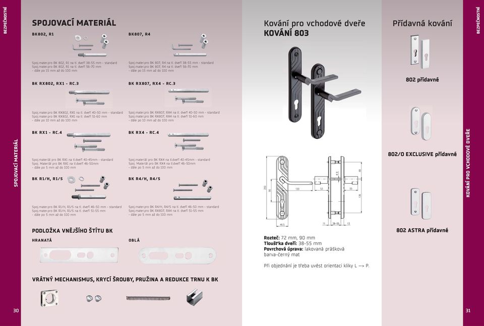 dveří 40-50 mm - standard Spoj.mater.pro BK RX802, RX1 na tl. dveří 51-60 mm - dále po 10 mm až do 100 mm Spoj.mater.pro BK RX807, RX4 na tl.