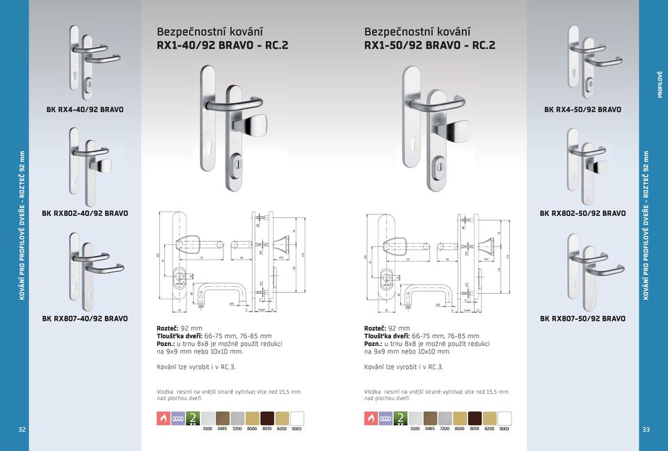 BRAVO Rozteč: 92 mm Tloušťka dveří: 66-75 mm, 76-85 mm Pozn.: u trnu 8x8 je možné použít redukci na 9x9 mm nebo 10x10 mm. Rozteč: 92 mm Tloušťka dveří: 66-75 mm, 76-85 mm Pozn.: u trnu 8x8 je možné použít redukci na 9x9 mm nebo 10x10 mm. BK RX807-50/92 BRAVO Kování lze vyrobit i v RC.