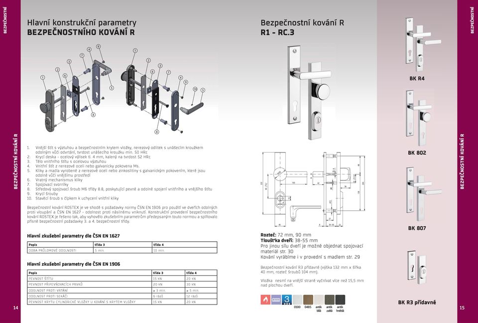 4 mm, kalený na tvrdost 52 HRc 3. Tělo vnitřního štítu s ocelovou výztuhou 4. Vnitřní štít z nerezové oceli nebo galvanicky pokovena Ms. 5. Kliky a madla vyrobené z nerezové oceli nebo zinkoslitiny s galvanickým pokovením, které jsou odolné vůči vnějšímu prostředí 6.