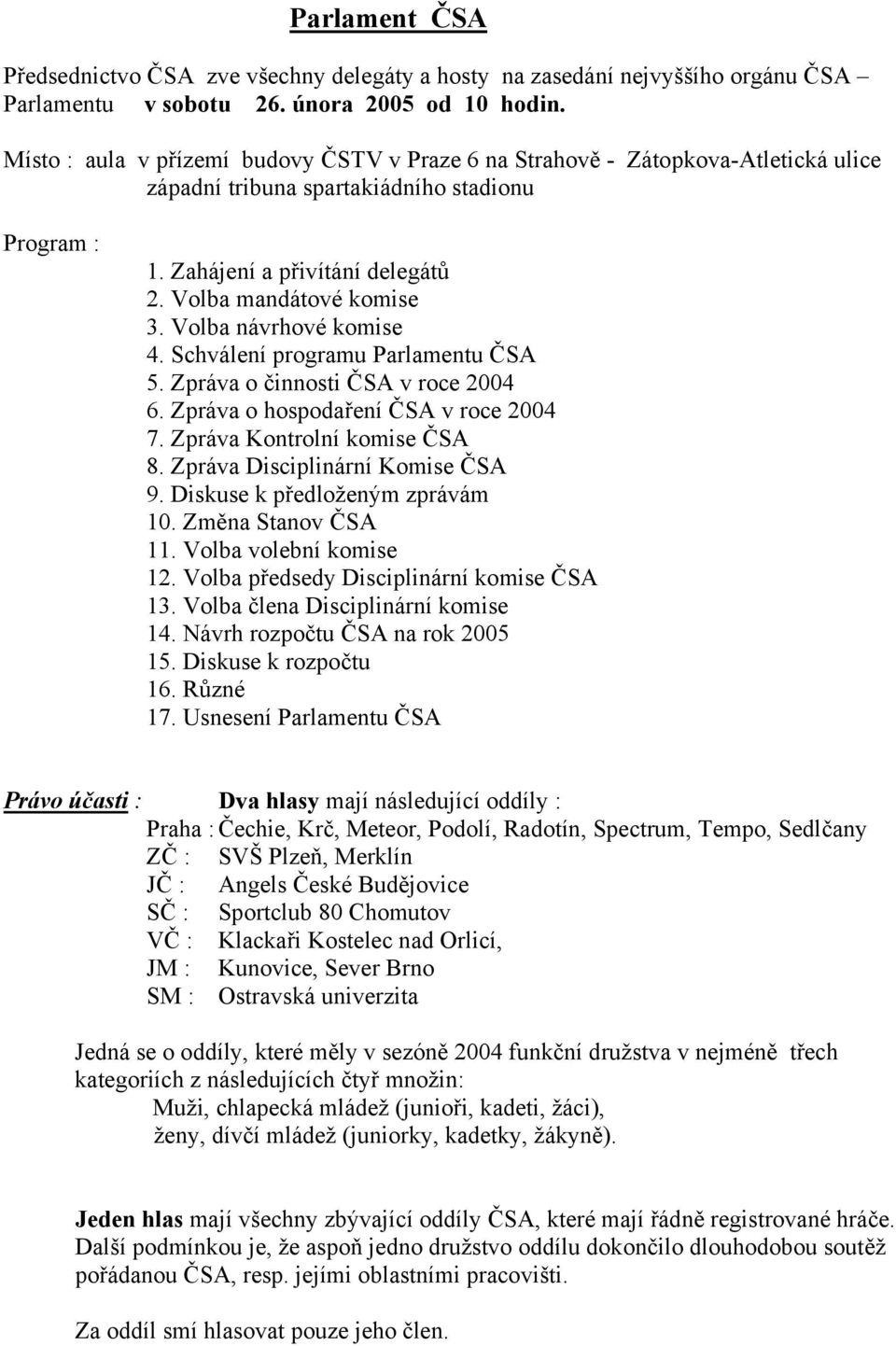 Volba návrhové komise 4. Schválení programu Parlamentu ČSA 5. Zpráva o činnosti ČSA v roce 2004 6. Zpráva o hospodaření ČSA v roce 2004 7. Zpráva Kontrolní komise ČSA 8.