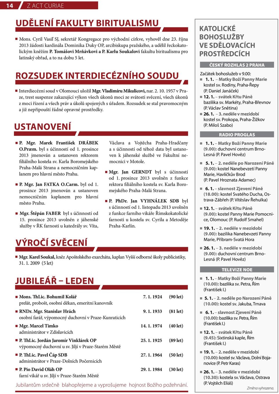 Karlu Soukalovi fakultu biritualismu pro latinský obřad, a to na dobu 5 let. ROZSUDEK INTERDIECÉZNÍHO SOUDU Interdiecézní soud v Olomouci uložil Mgr. Vladimíru Mikulicovi, nar. 2. 10.