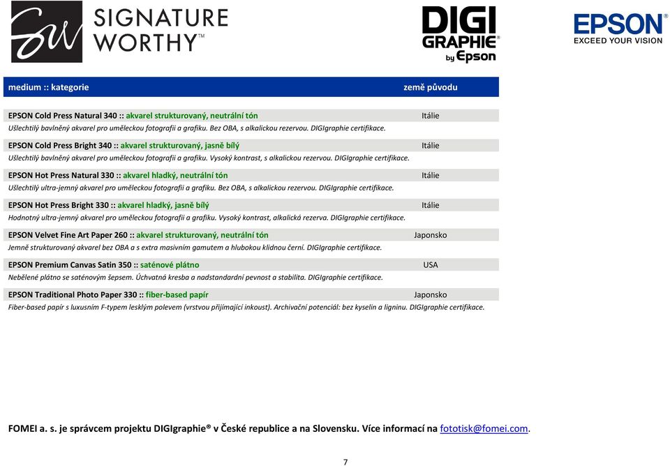 DIGIgraphie certifikace. EPSON Hot Press Natural 330 :: akvarel hladký, neutrální tón Ušlechtilý ultra jemný akvarel pro uměleckou fotografii a grafiku. Bez OBA, s alkalickou rezervou.