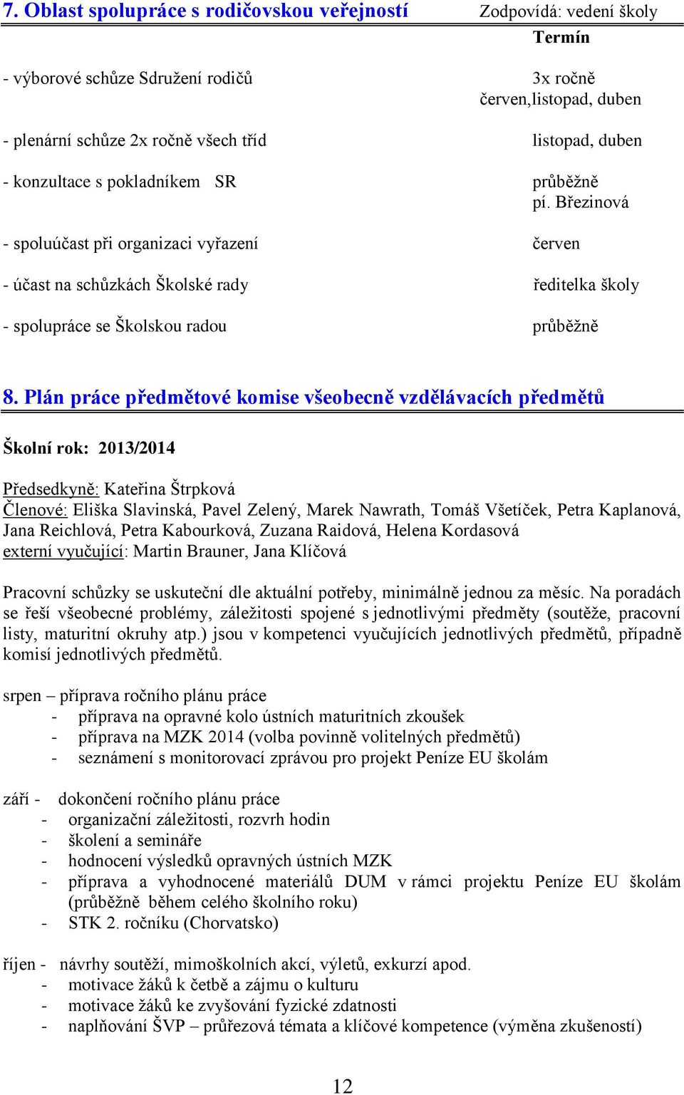 Plán práce předmětové komise všeobecně vzdělávacích předmětů Školní rok: 2013/2014 Předsedkyně: Kateřina Štrpková Členové: Eliška Slavinská, Pavel Zelený, Marek Nawrath, Tomáš Všetíček, Petra