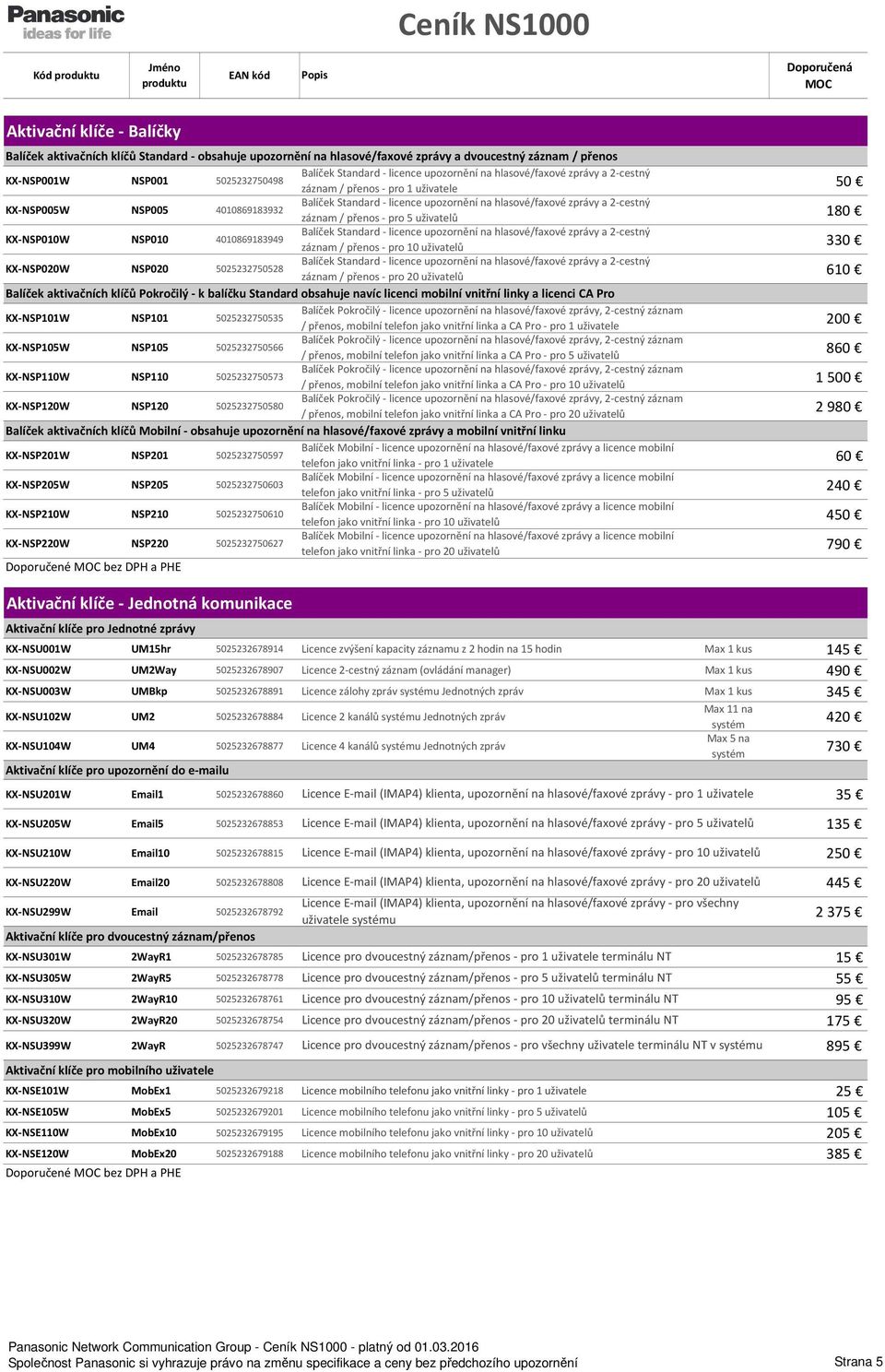 záznam / přenos - pro 5 uživatelů KX-NSP010W NSP010 4010869183949 Balíček Standard - licence upozornění na hlasové/faxové zprávy a 2-cestný záznam / přenos - pro 10 uživatelů KX-NSP020W NSP020