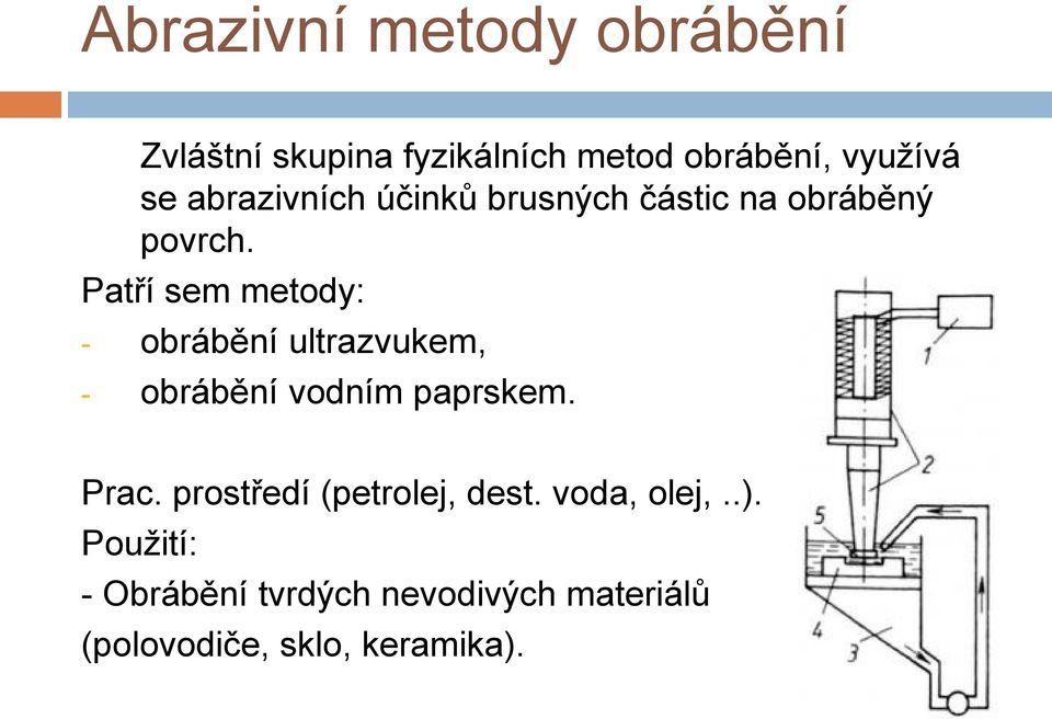 Patří sem metody: - obrábění ultrazvukem, - obrábění vodním paprskem. Prac.