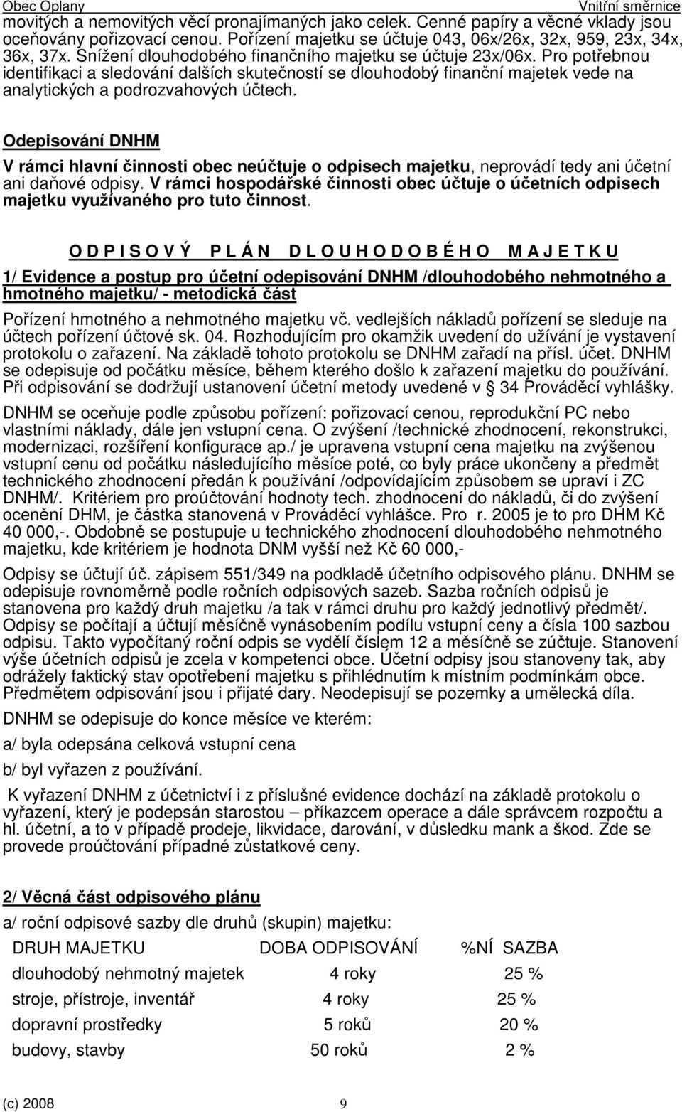 Odepisování DNHM V rámci hlavní činnosti obec neúčtuje o odpisech majetku, neprovádí tedy ani účetní ani daňové odpisy.