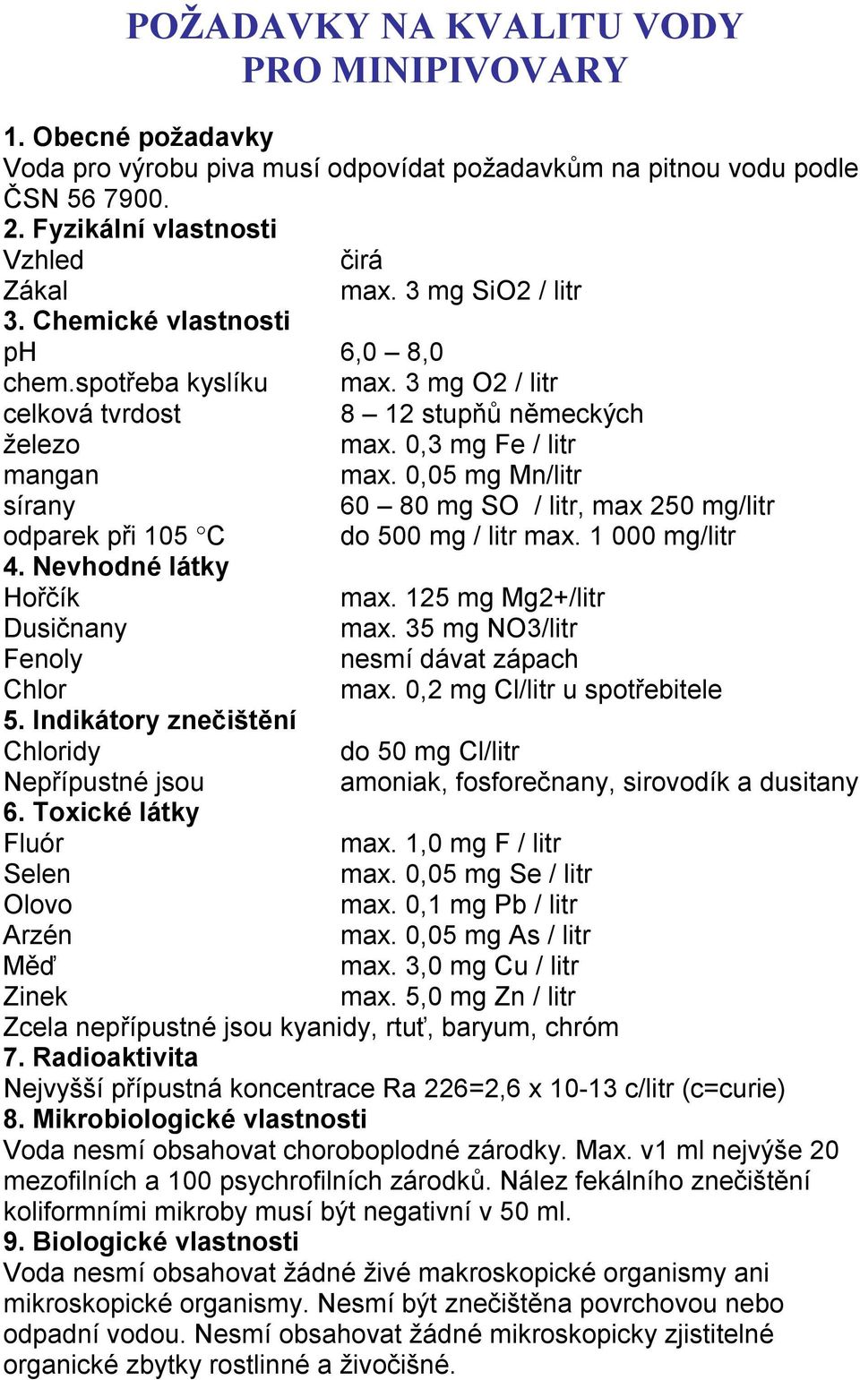 0,05 mg Mn/litr sírany 60 80 mg SO / litr, max 250 mg/litr odparek při 105 C do 500 mg / litr max. 1 000 mg/litr 4. Nevhodné látky Hořčík max. 125 mg Mg2+/litr Dusičnany max.